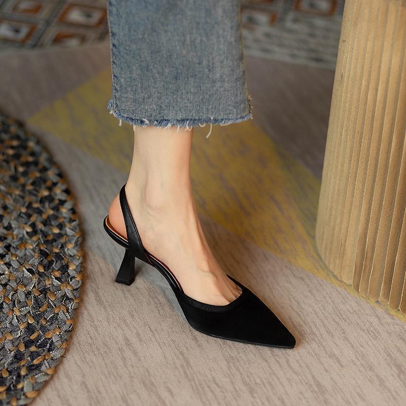 

Fashion 2025 Spring Summer Closed Toe Sandals Women French Pointed Toe Slingback Women Shoes Suede Leather High Heels Green Single Shoes 39