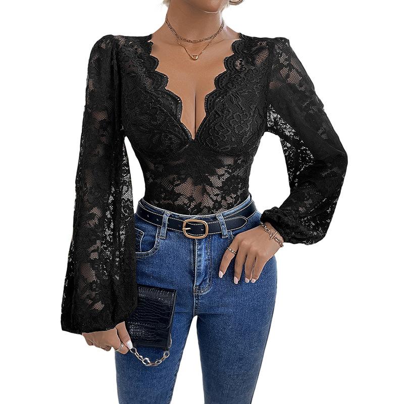 Mono de Encaje Top de Manga Larga Sexy Cuello en V Transparente Body de Mujer