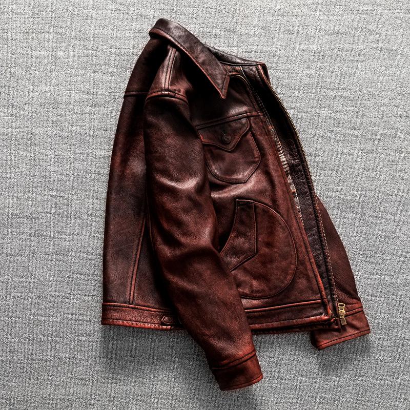 Retro Old-layer Cowhide Men's Lapel Motorcycle Suit Genuine Leather Jacket Autumn and Winter Jacket