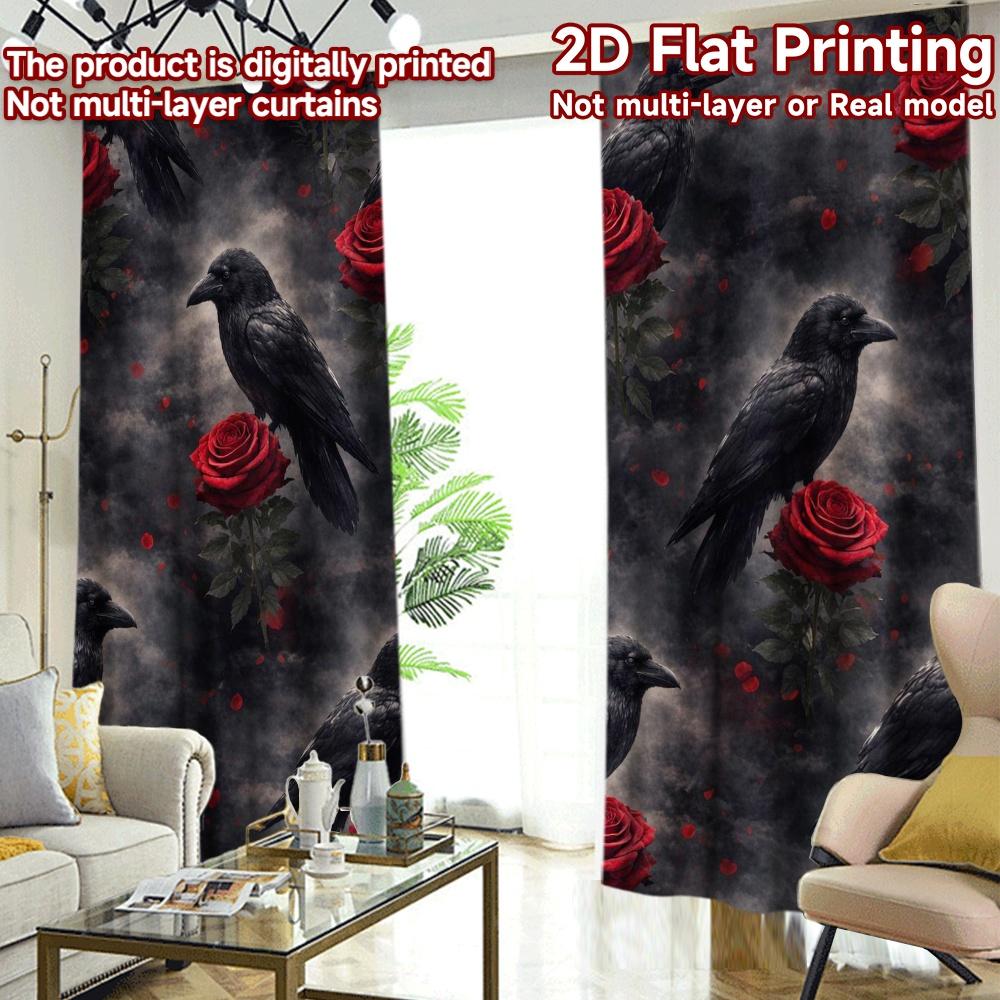 2D FLAT PRINTING 2pcs Curtains (Without Rod) Halloween Ravens and Roses Modern Print Curtains Fabric Curtains Ramadan