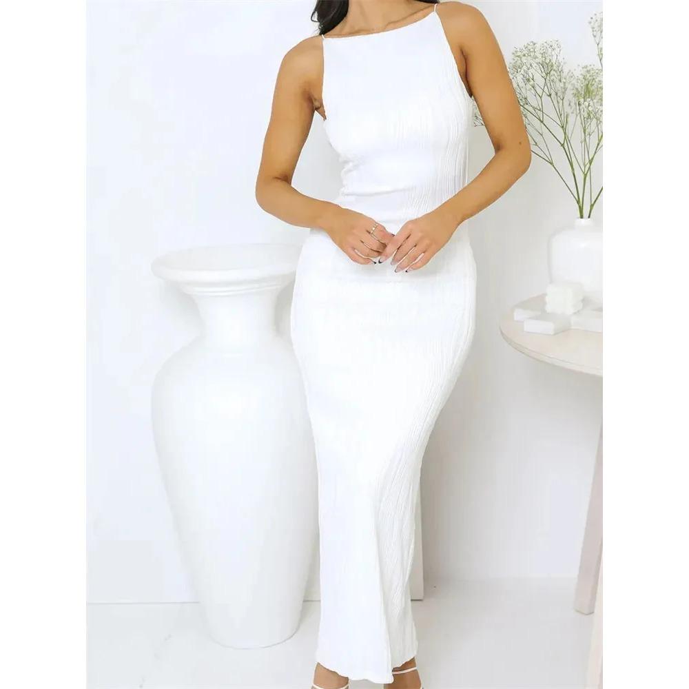 Vestito lungo da donna sexy, arricciato, senza maniche, aderente, tinta unita, estivo, da festa, con spacco sul retro, da clubwear, vestido, abiti da donna