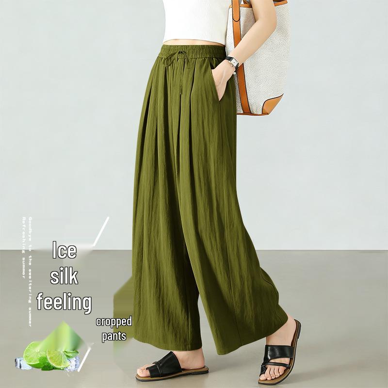 Women's Summer Ice Silk Cropped Loose-Fit Plus Size Pants, Elastic Waist & Petite 8-Point Casual Thin Pants
