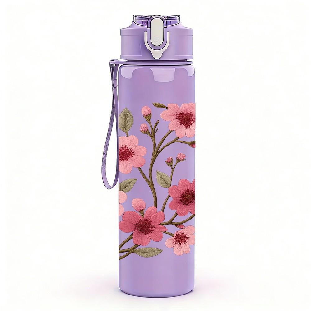 1PC Pink Plum Blossom Floral Branch 750ml Color Plastic Sports Water Bottle Leakproof Flip Straw Lid For Sports Office Home Use