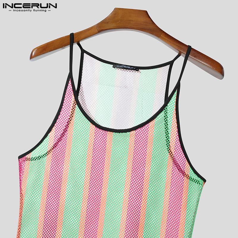 INCERUN Summer Men U Neck Sleeveless Striped Hollow Stitching Tank Tops