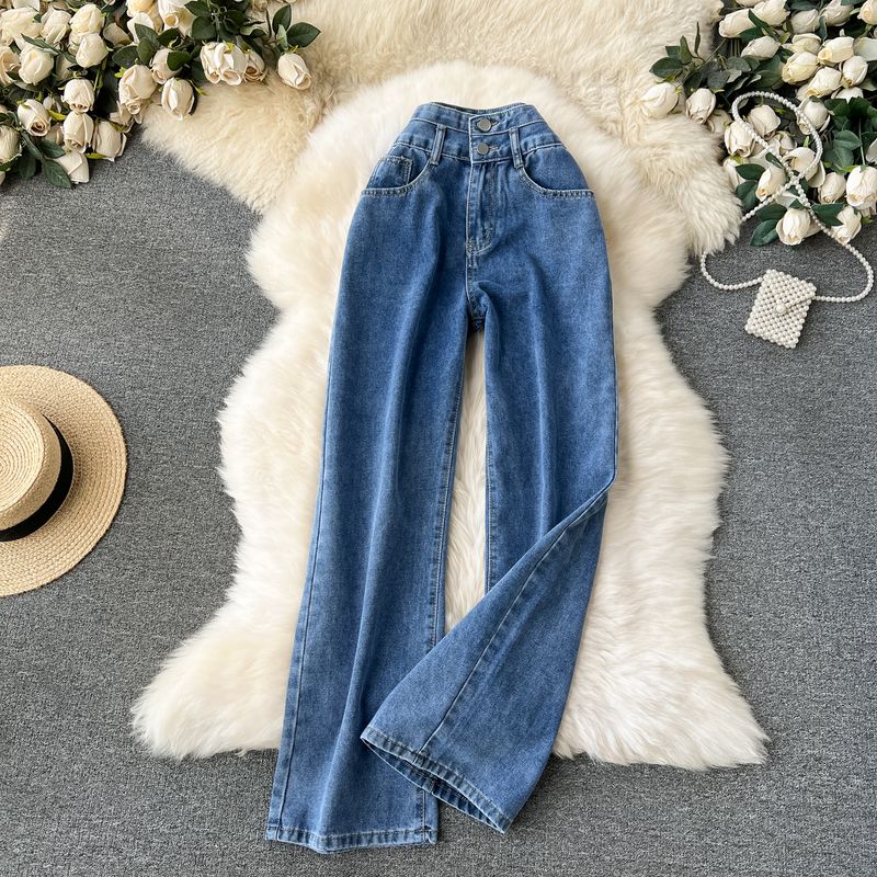 

High Waist Spring Wear Korean Wear Wear Distressed Straight-leg Denim Dark blue L
