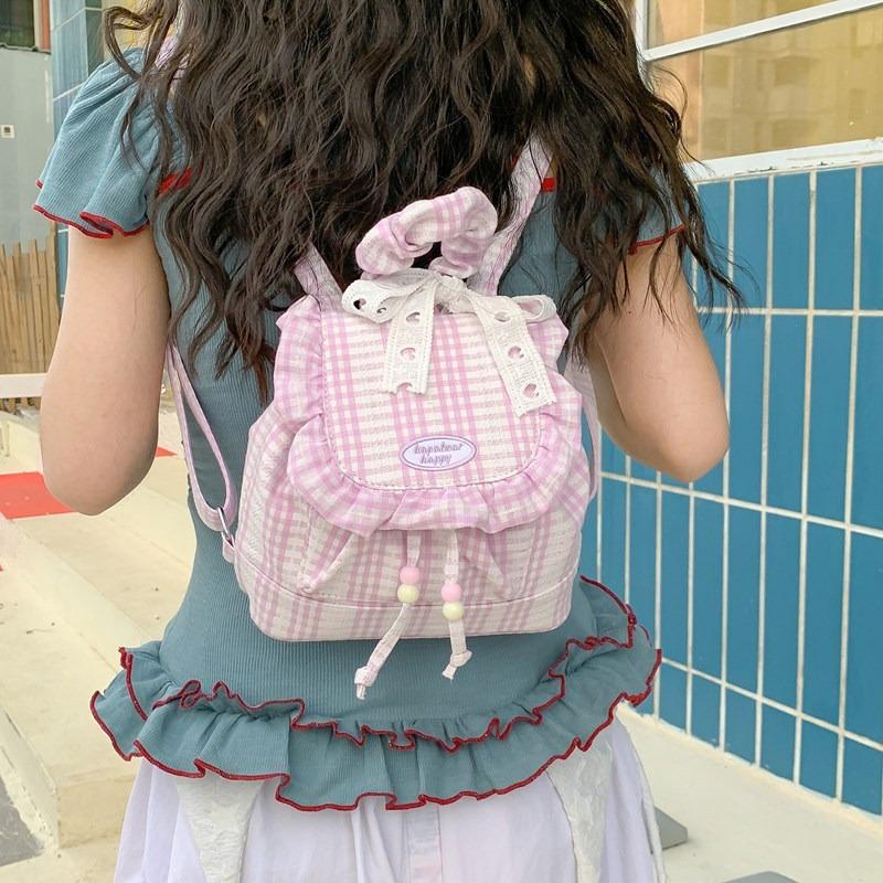Lace Plaid Backpack New Niche Design Fluffy Ruffle Edge Mini Plaid Backpack