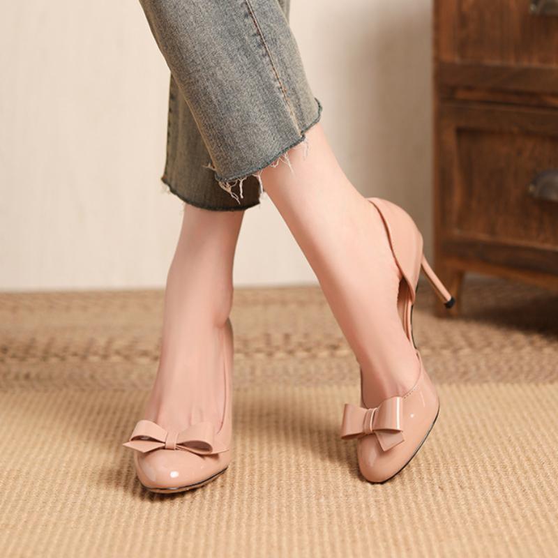 Women's Nude Side-opening High Heels with Stilettos, Beautiful and Elegant Patent Leather Bow Round-toed Single Shoes