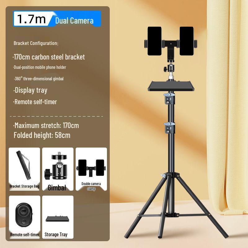 Dual Phone Live Streaming Stand with Multi-Camera Holder and Fill Light for Douyin