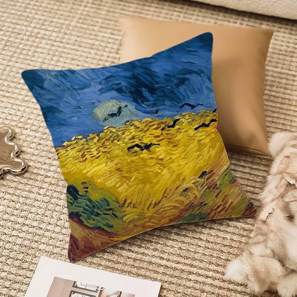 V-Van Gogh Ölgemälde Druck Kissenbezug Milbenschutz Kissenbezug Verdeckter Reißverschluss Seidiger Kurzer Plüsch Sofakissenbezug