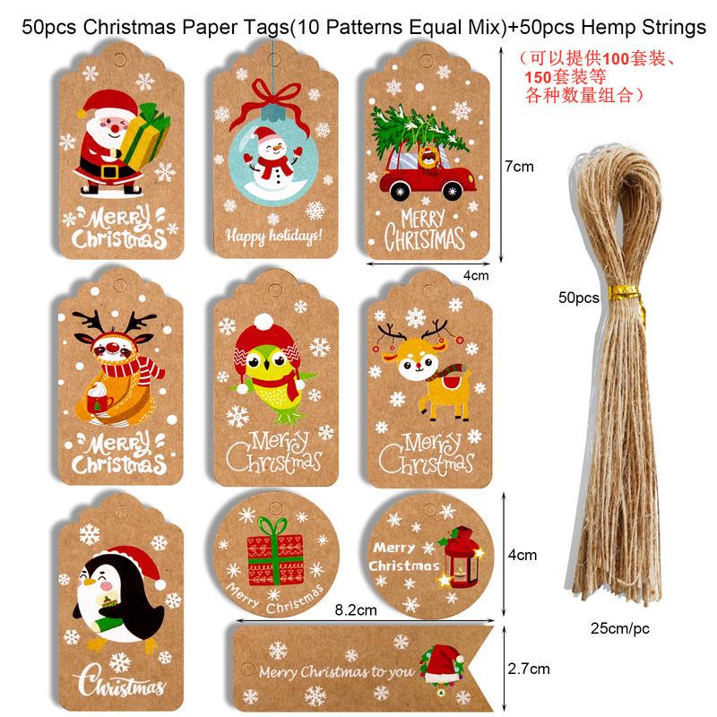 50Pcs Christmas Brown Kraft Paper Gift Tags with Jute And Baker Rope for DIY Xmas Holiday Present Wrap Stamp Navidad Decoration