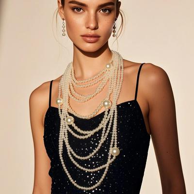 Elegantes mehrschichtiges Perlenhalsketten- und Ohrring-Set für Damen - Lange Perlen-Pulloverkette
