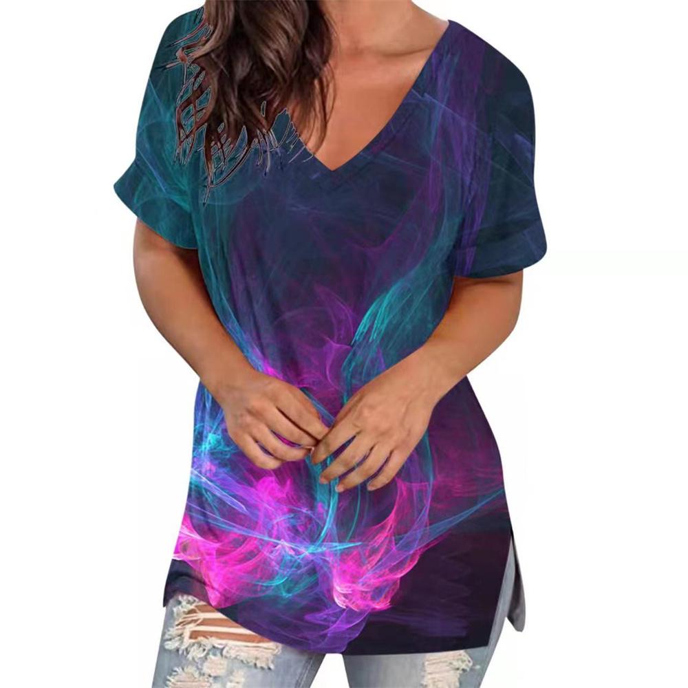 

Summer Women T Shirt Stripes Print Gradient Clothing V Neck Short Sleeve Basic Tops Streetwear Fashion Oversized Girls T-shirts XL