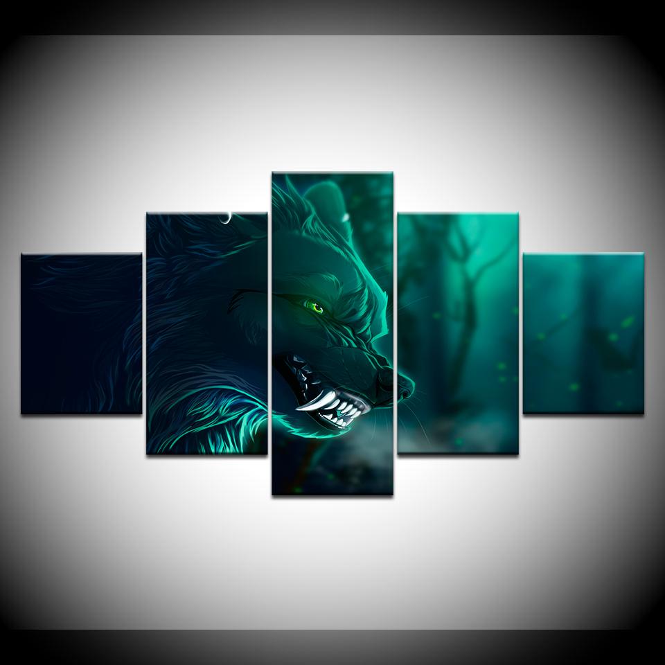 Green eyes wolf animal 5 Piece Wall Art Canvas Print modern Poster Modular art painting for Living Room Home Decor