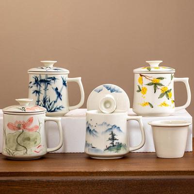 Taza de té de cerámica de paisaje retro con tapa
