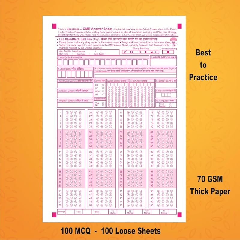 amblitz OMR Sheet |100 MCQ s | 100 Loose Sheets | OMR Sheet for Practice | A4 Size - 70 GSM Thick Paper | Answer Sheet f 21*29.7 cm