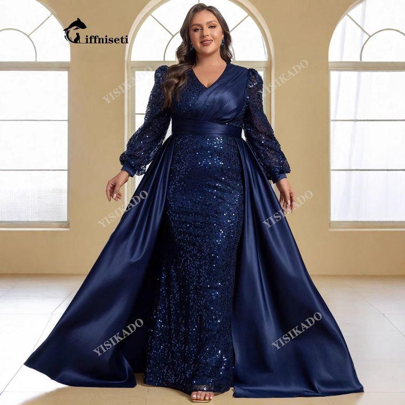Plus-Size Ball Gown Evening Dress, Elegant and Luxurious Sequined Party Cape, V-Neck Long-Sleeve Dress, Birthday Gown, Long Dress