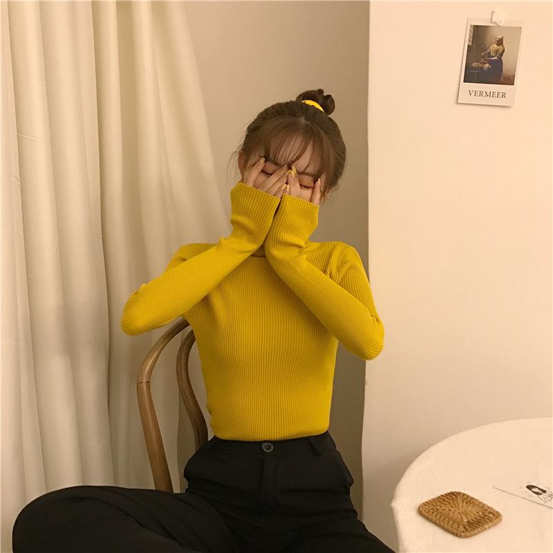 High Neck Solid Color Knit Sweater - Women's Long Sleeve Korean Style Pullover for Autumn/Winter