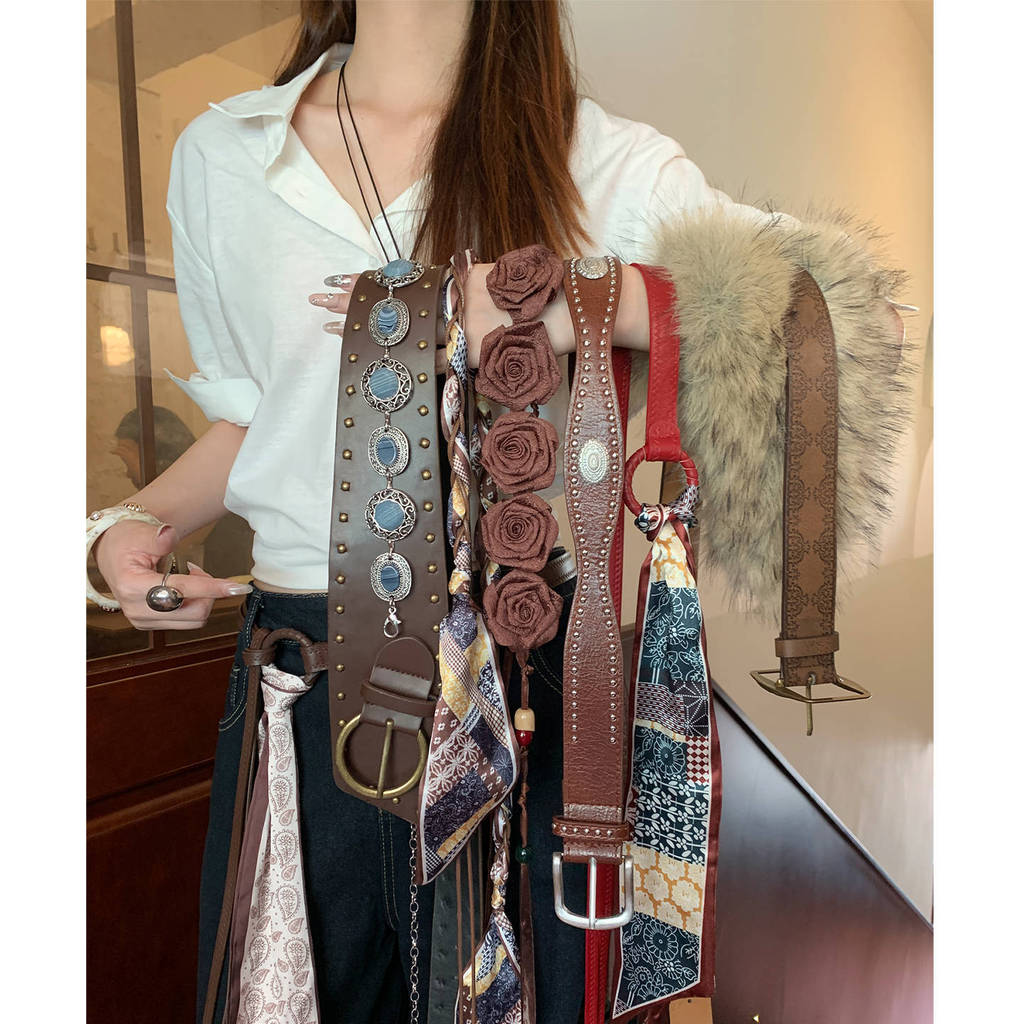 Vintage Brown Pu Leather Belt For Women With Wide Rivet Design For Boho Casual Style