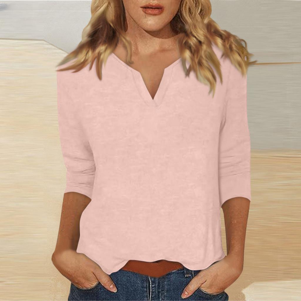 2025 Women's V-Neck 7-Point Sleeve Solid Color T-Shirt