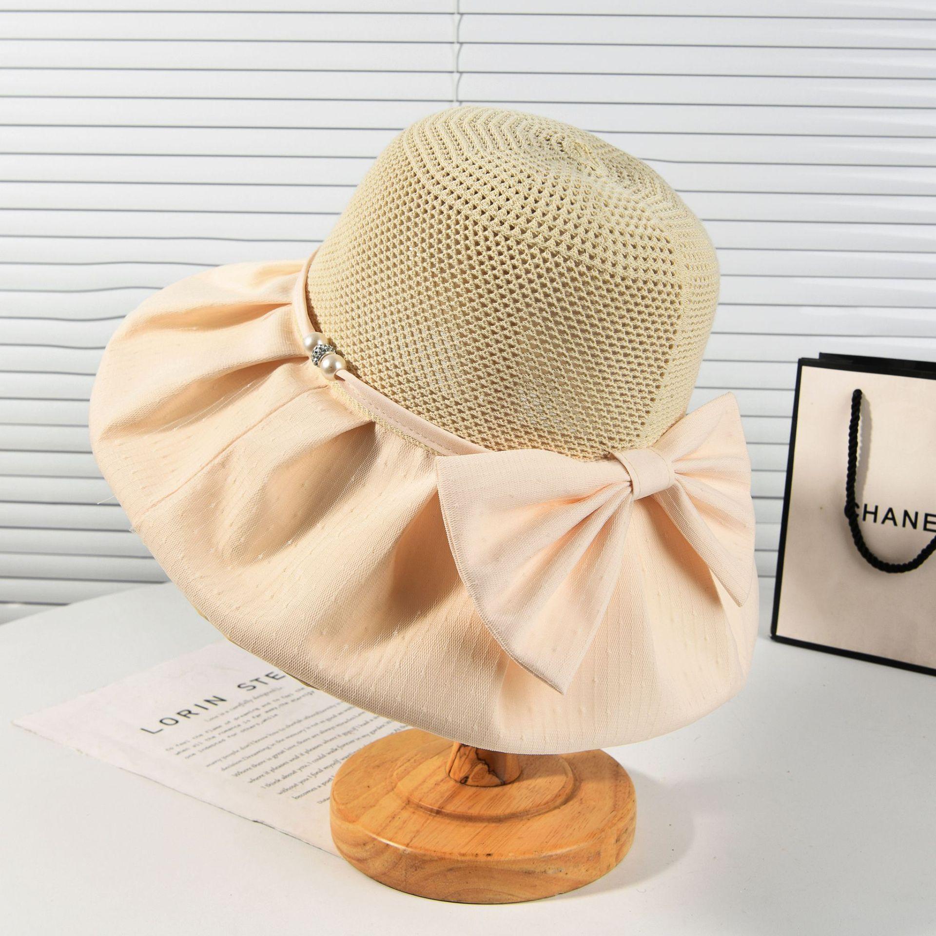 

Spring and summer new women s sunscreen cap knitted head versatile breathable sun hat big bow foldable fashion sun hat M（56-58cm） бежевый