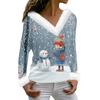 Damenmode, lässig, langärmelig, V-Ausschnitt, weihnachtlich bedruckt, Plüsch-Oberteil