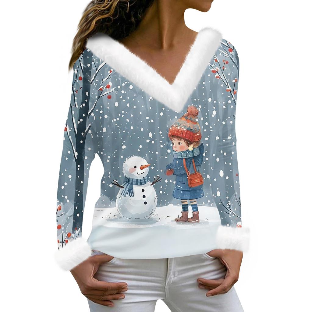 Damenmode, lässig, langärmelig, V-Ausschnitt, weihnachtlich bedruckt, Plüsch-Oberteil