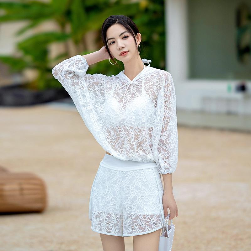 Korean Style Women's Three-Piece Swimsuit Set with Long Sleeve Sun Protection and Slimming Push-Up Features