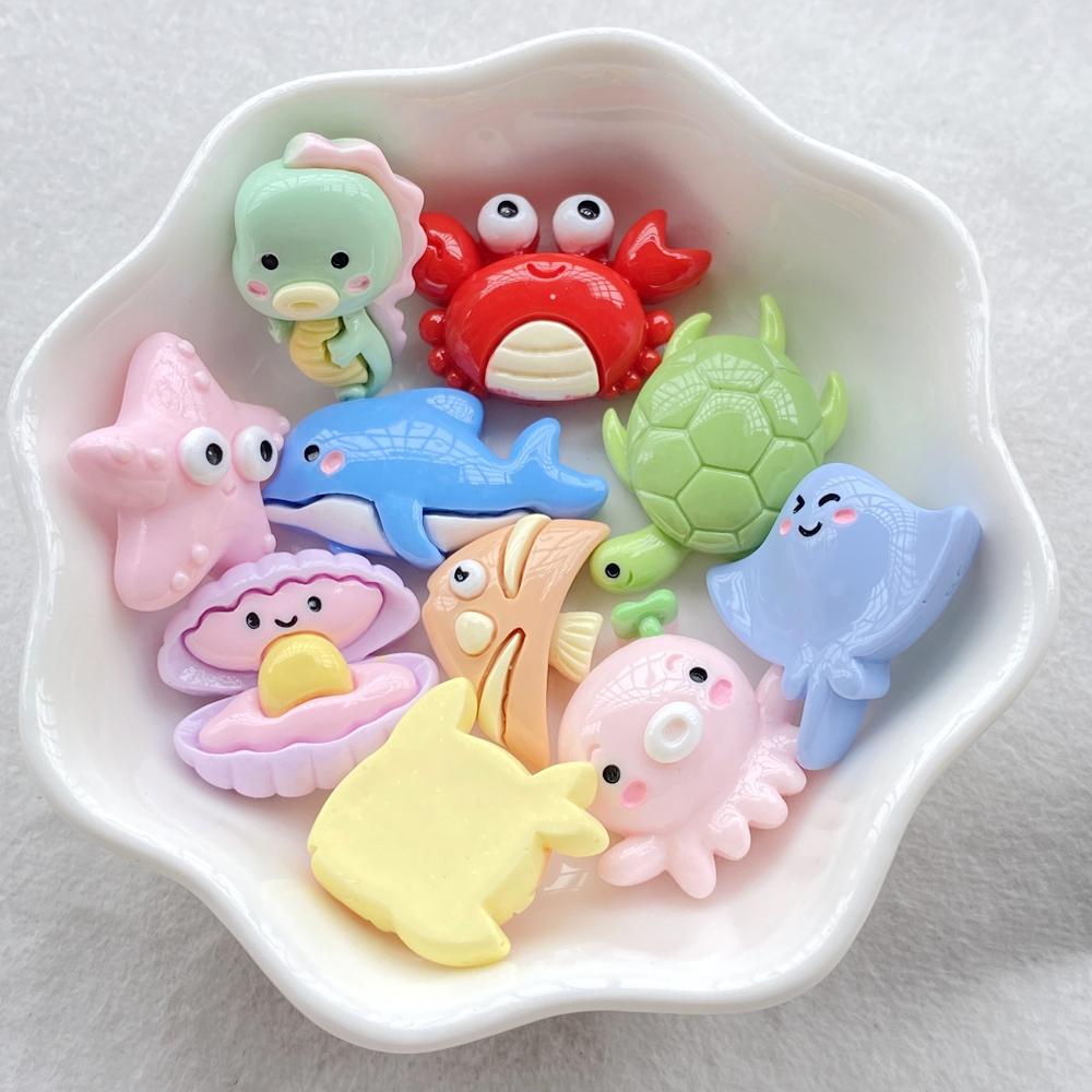 10Pcs New Resin Cartoon Starfish, Crab, Shell, Fish Series Flat Back Cabochons Scrapbooking DIY Jewelry Craft Decoration
