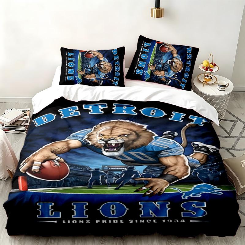 Zestaw 3-częściowy Detroit Lions Idealny do sypialni Wygodny zestaw pościeli zawiera poszewkę na kołdrę i dwie poszewki na poduszki Idealny prezent urodzinowy lub świąteczny