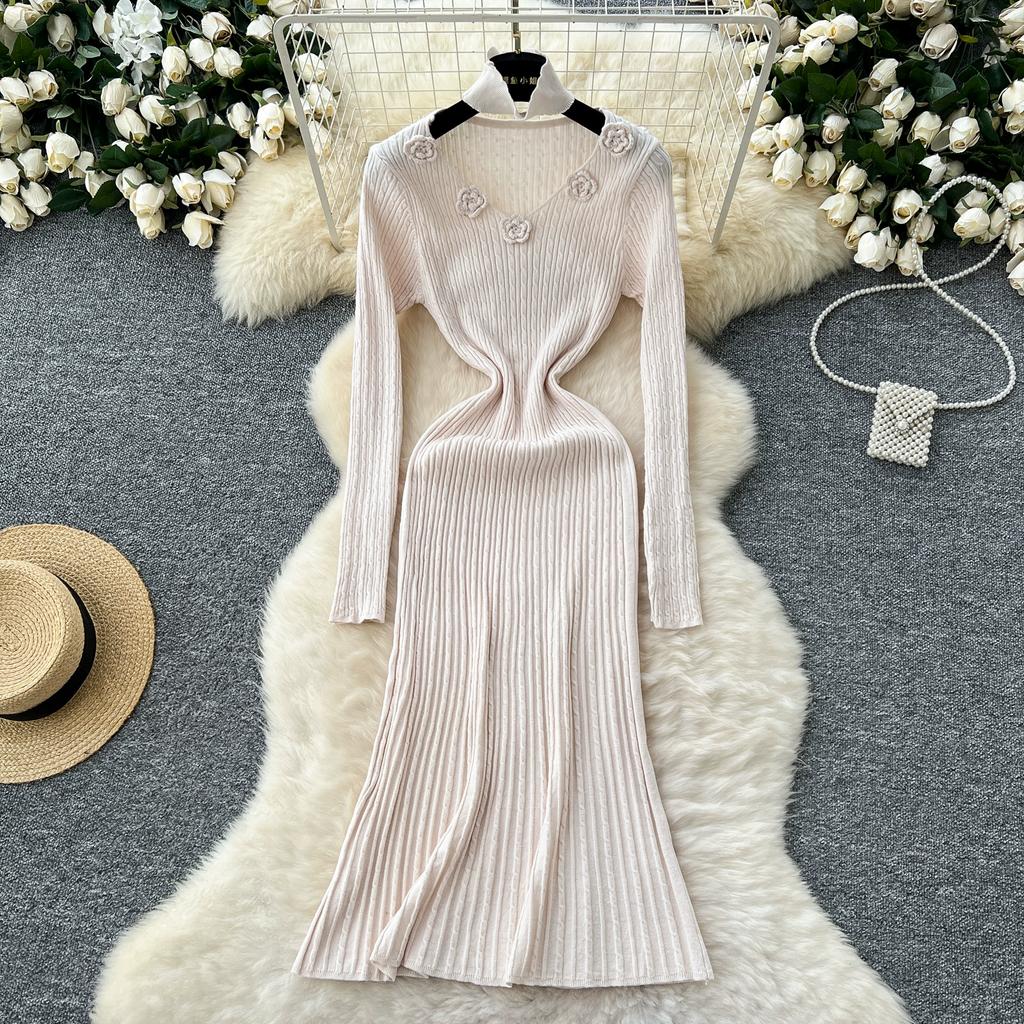 Podzim Zima Dámský Elegantní Svetr s V-výstřihem a Dlouhým Rukávem s 3D Květinami Pletený Pulovr Dlouhé Midi Společenské Šaty