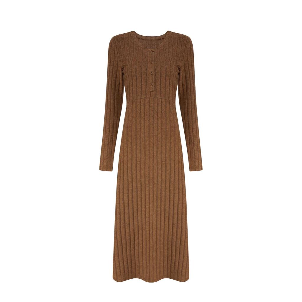 Independent Style European & American Solid Color Ribbed V-Neck Single-Breasted Long Dress for Women - Autumn/Winter Collection