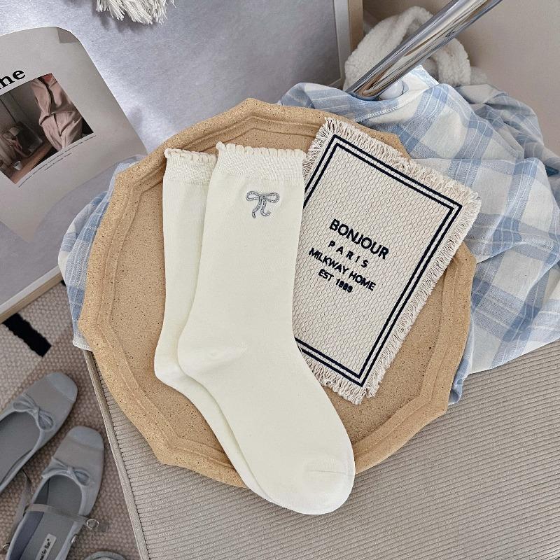 Silver Embroidered Bow-knotted Lace Stockings, Non-stretch Pile Stockings, Breathable Cotton Mid-calf Socks, Ballet-style Gray Socks, Children's Size