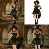 Black Lace Mesh Witch Tailcoat Dress Costume For Halloween Party Cosplay