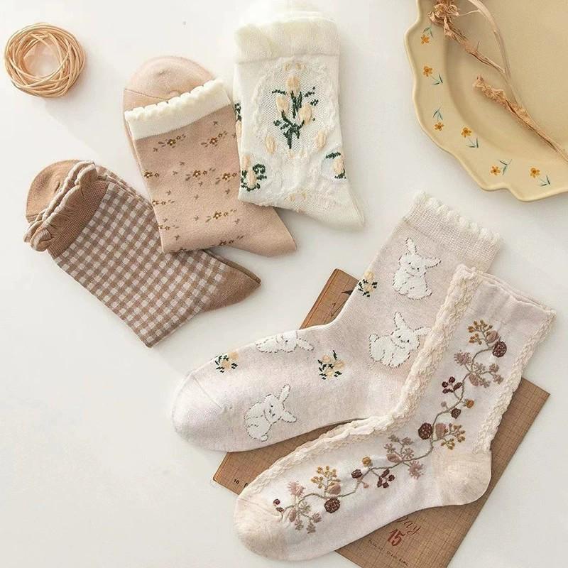 5 Paar Damen Cartoon Bedruckte Mittelhohe Socken Retro Blumenmuster Tiermuster Bequeme Schweißabsorbierende Atmungsaktive Freizeitsocken