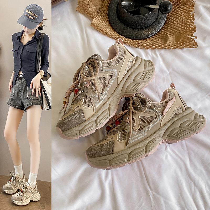 Thick-soled dad shoes women's 2025 autumn and winter new mesh heightened soft sole not tired feet breathable casual sports shoes
