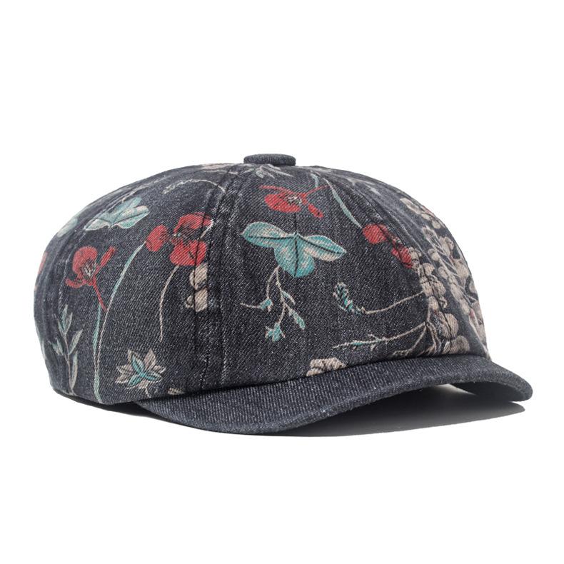 Baskenmütze für Damen, Denim-Druck, floraler achteckiger Hut, bemalter Hut, britischer Forward-Hut, Newsboy-Mütze