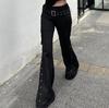Retro Pure Black Rivet Design Belt Decorative Slim Pants for Women Y2k Harajuku Goth Low-waisted Flared Pants
