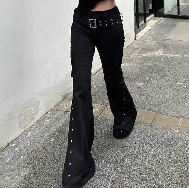 Retro Pure Black Rivet Design Belt Decorative Slim Pants for Women Y2k Harajuku Goth Low-waisted Flared Pants