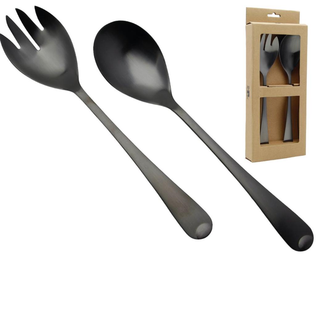 Spoon Long Cutlery For Salad Fork Spoon Set 2 Pieces Black