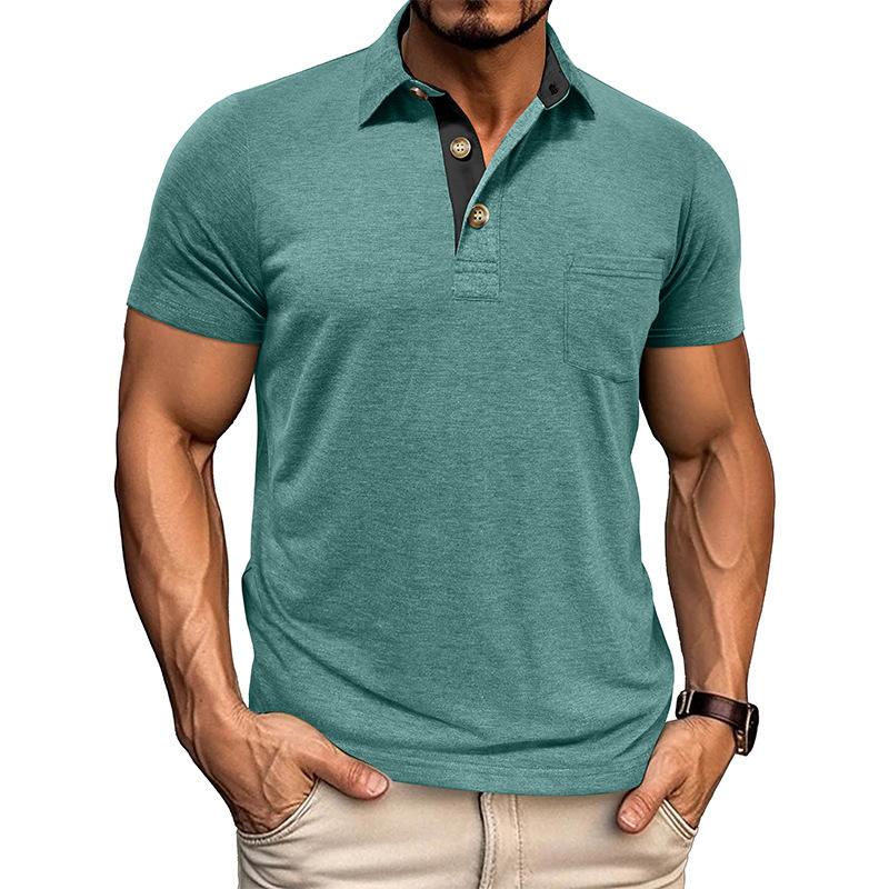 Summer Mens Short Sleeve Turn Down Collar T-Shirt Fashion Patchwork Polos Man