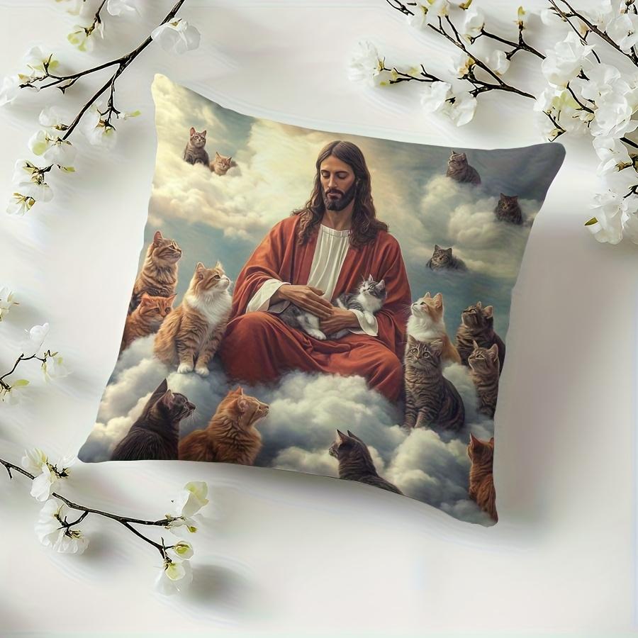 1Pc Jesus And Cats Pillow Cover, 2D Double-Sided Polyester Cushion Case, Religious Cat Lover Decor Pillowcase, Gift For Christia