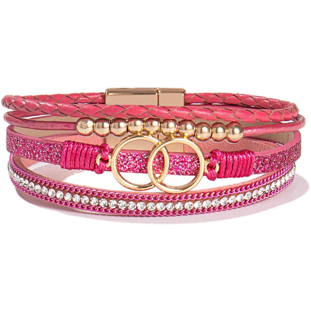 Damen Handgefertigtes Geflochtenes Lederarmband mit Doppelring Magnetverschluss und Strasssteinen