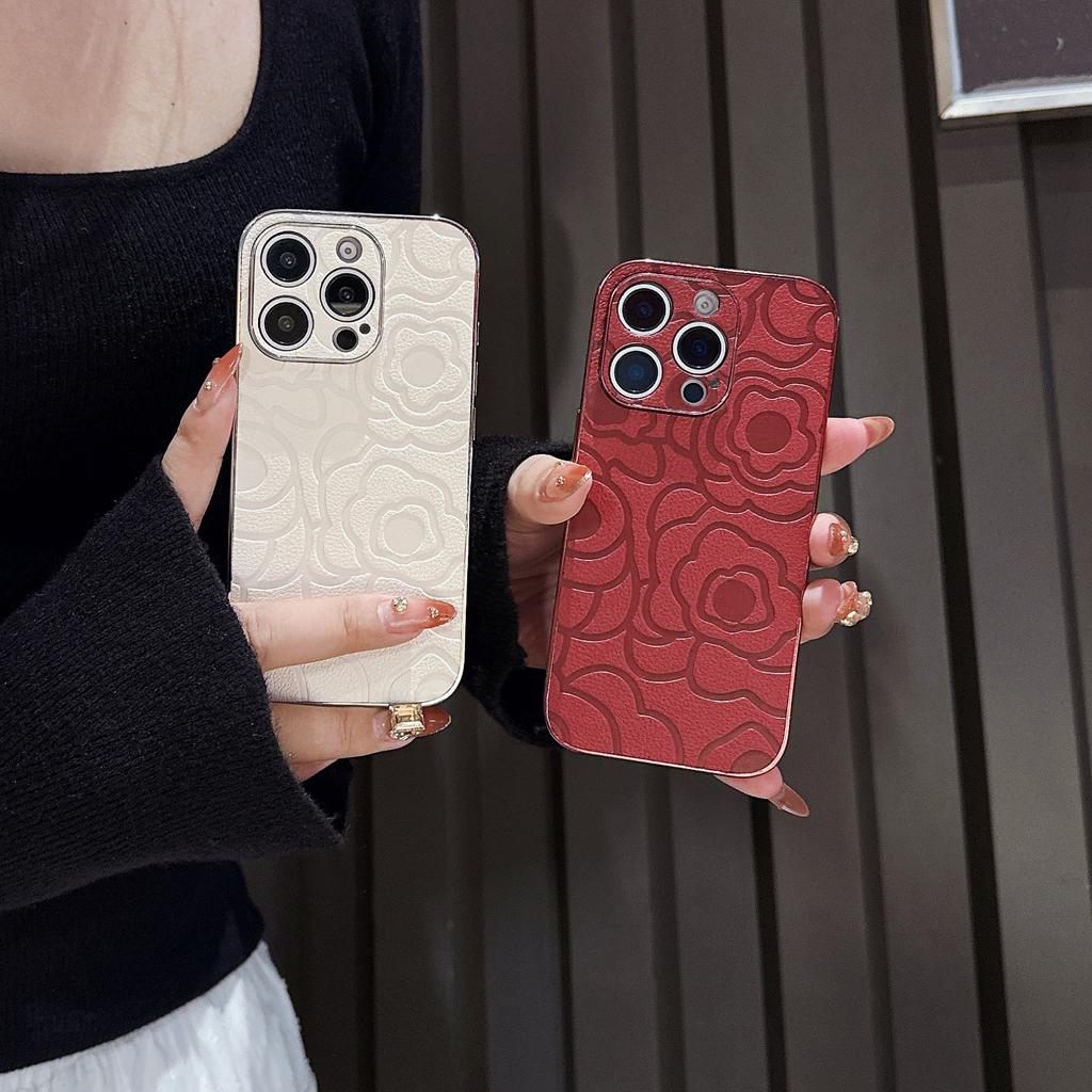 Leather Pattern Electroplated Camellia Phone Case for Apple 16 Pro Phone Case for IPhone 14 Plus Protective Case 15