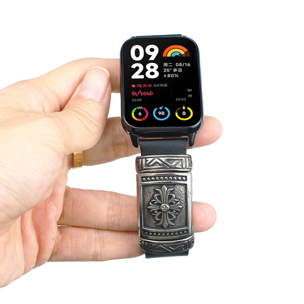 For Xiaomi Smart Band 8 Pro Watch Strap Embossment Design Retro PU Leather+Alloy Wrist Strap