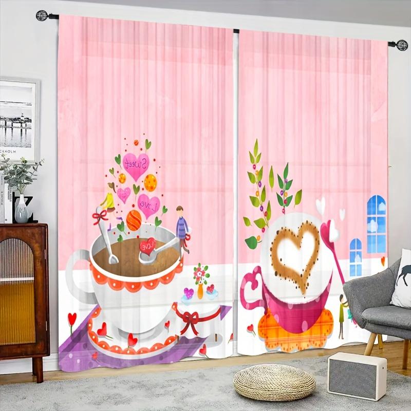 2 st Rosa Blomtryckta Gardiner Kristallvindspel För Vardagsrum Arbetsrum Sovrum Matsal Bakgrundsgardin Heminredning