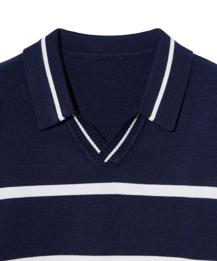 IRONYPORNO WHITELINE 86-Iroj365 Open-Neck Striped Long-Sleeve Knit Blue