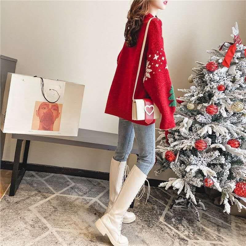 Christmas Sweater Loose Korean-style Pullover for Women Loose Long-sleeved Thick Knitted Sweater for Autumn and Winter