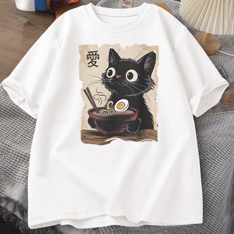 Funny Cat RaUnisex Graphic Tee Japanese Kawaii Anime Cat TShirt Cotton Short Sleeve Oversized Loose Short Sleeve Tee Streetwear