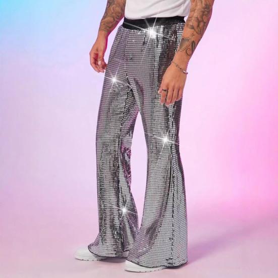 Men's Sequin Flared Trousers Shiny Hip-Hop Disco Pants Elastic Waist Retro Wide Leg Pants for Stage Performance Night Club Bar Dance