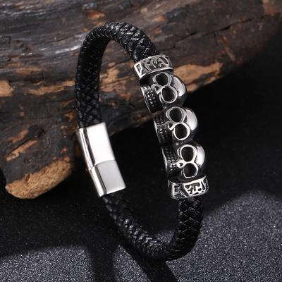 Stainless Steel Skull Handsome Jewelry Leather Bracelet Men Stainless Steel Jewelry Black